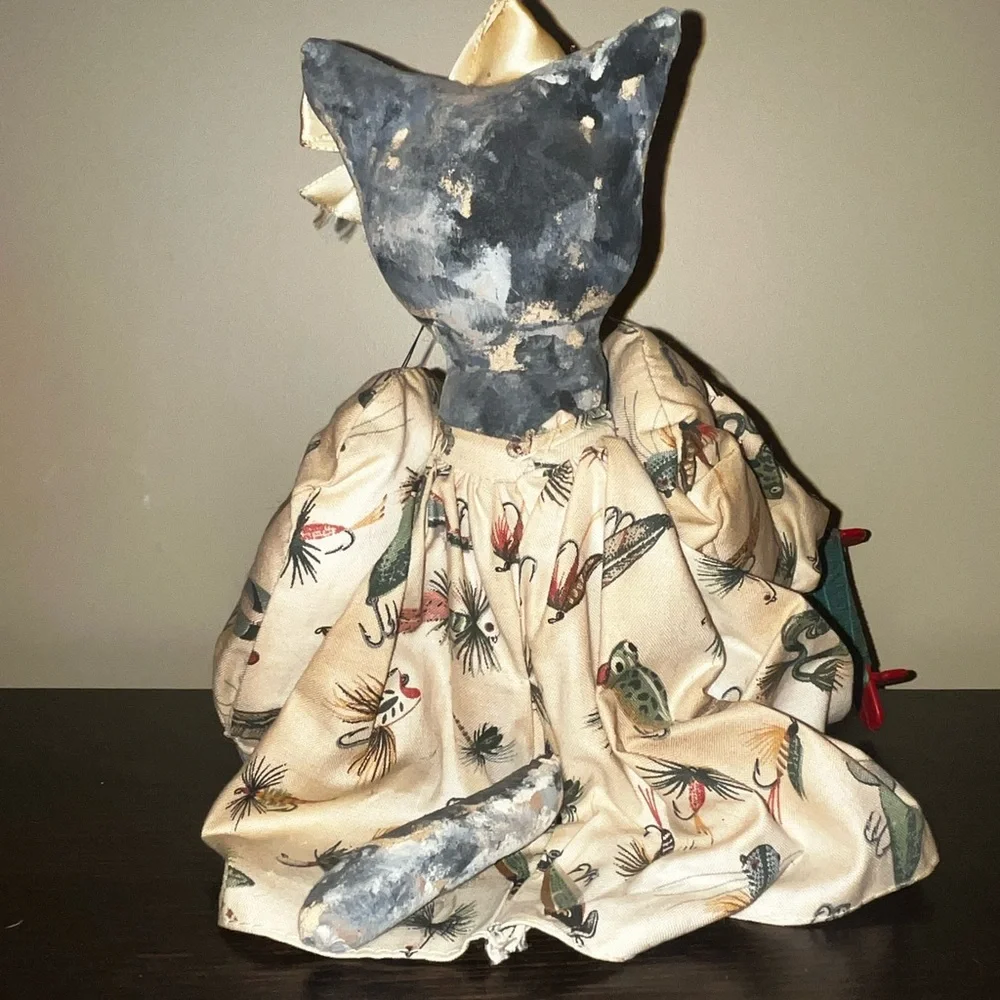 Vintage Folk Art Doll Cat Toy Handmade Fishing Theme - Picture 7 of 11